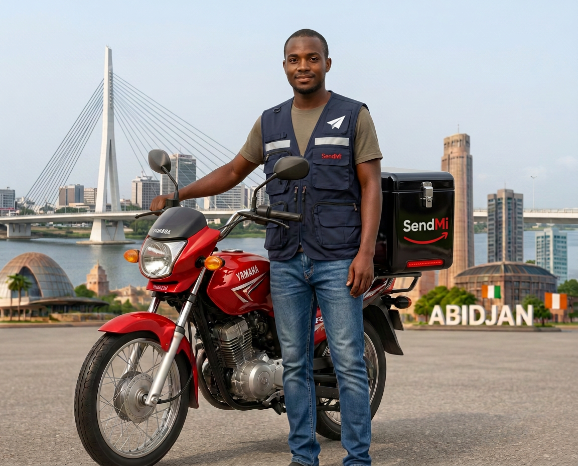 Coursier SendMi debout à côté de sa moto Yamaha Crux Rev rouge à Abidjan